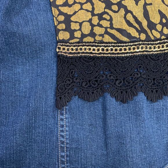 Elegant Boho Denim Jacket Black Lace Gold Chain Rockstar Y2K Goth Glam - Picture 13 of 16